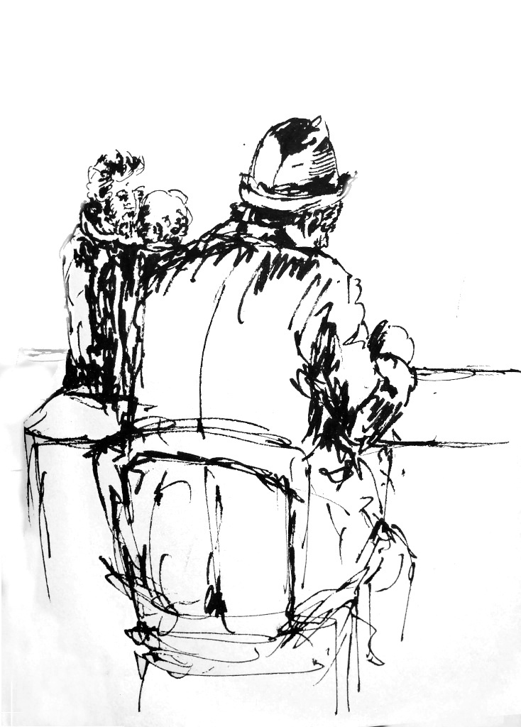 Sketch of a family in a restaurant
